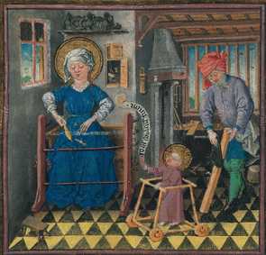 New York, The Morgen Library & Museum, Getijdenboek van Katherina van Kleef, De Heilige Familie aan het werk, folio M-149, ca. 1440 (CKD archief) New York, The Morgen Library & Museum, Getijdenboek van Katherina van Kleef, De Heilige Familie aan het werk, folio M-149, ca. 1440 (CKD archief)
